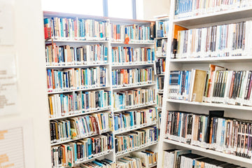 Book shelves in a library