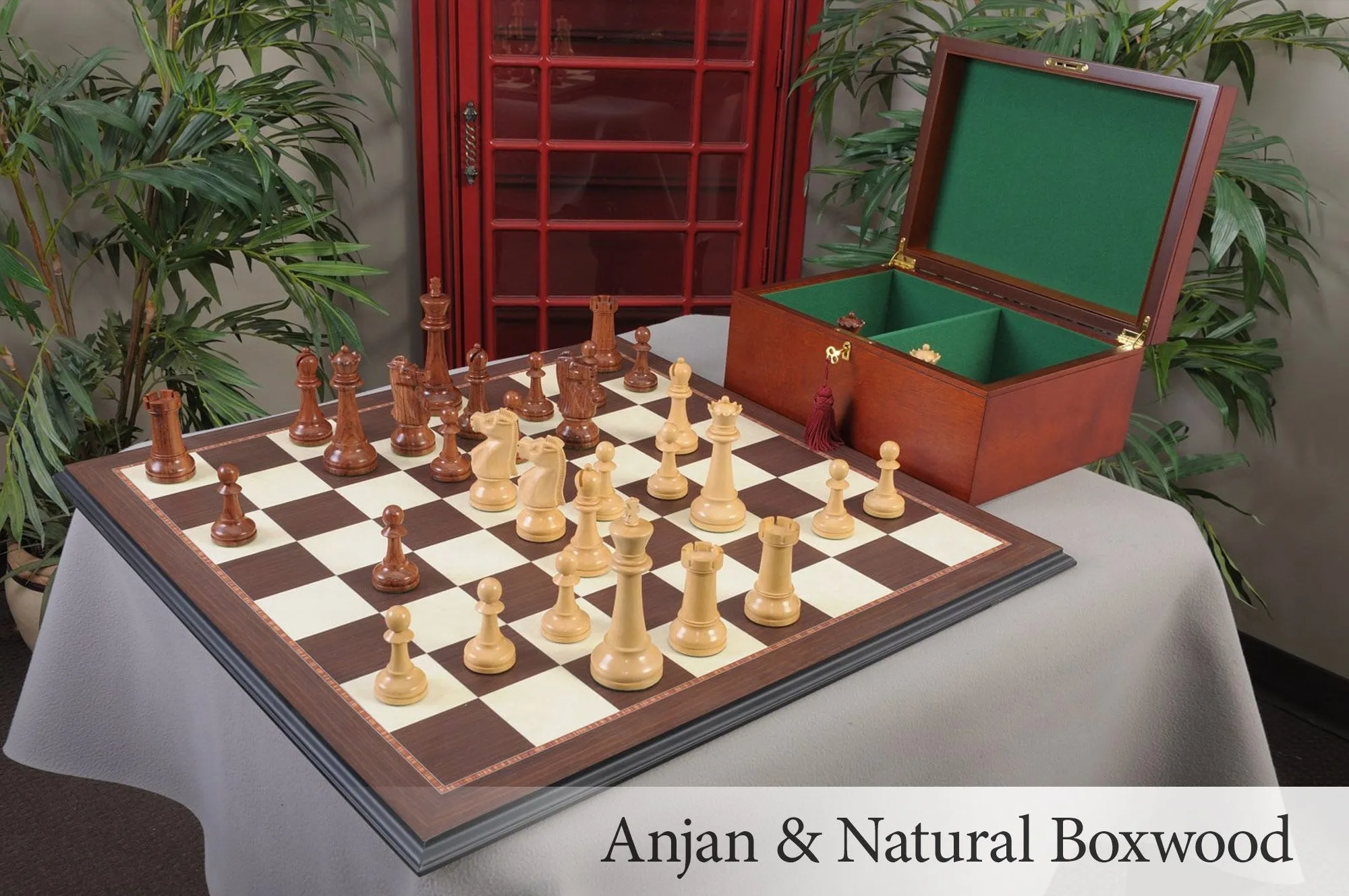 The Grandmaster Chess set, Box, and Board Combination Ebonized Boxwood by The House of Staunton