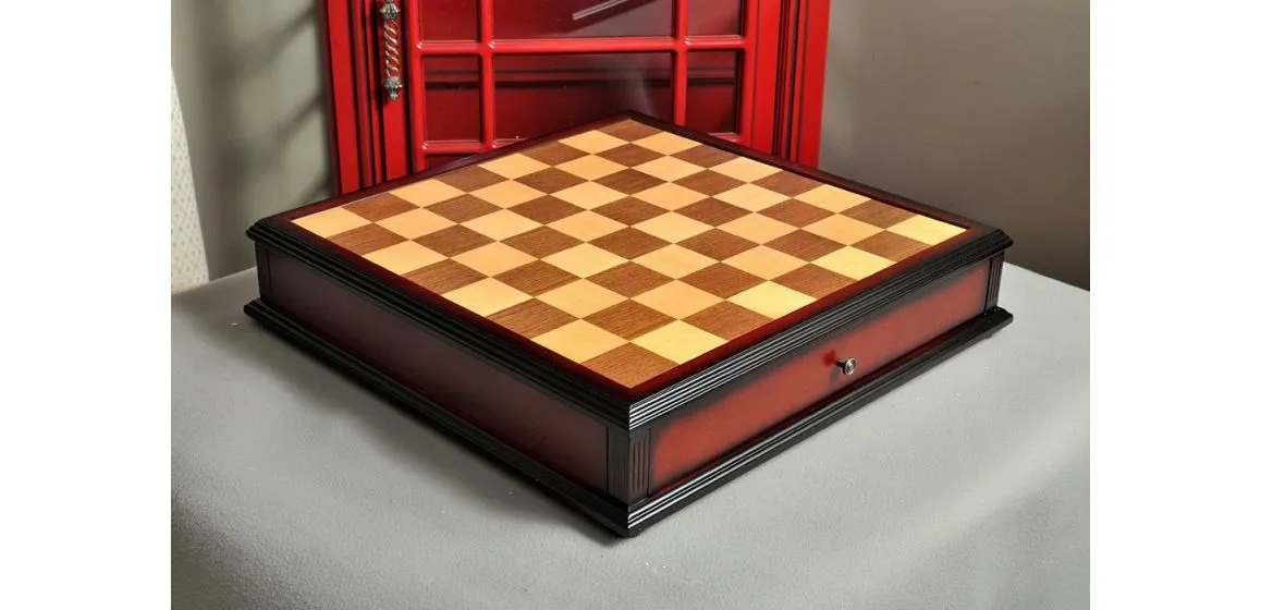 Walnut and Maple Antique Tiroir Chess Board with Storage Drawers