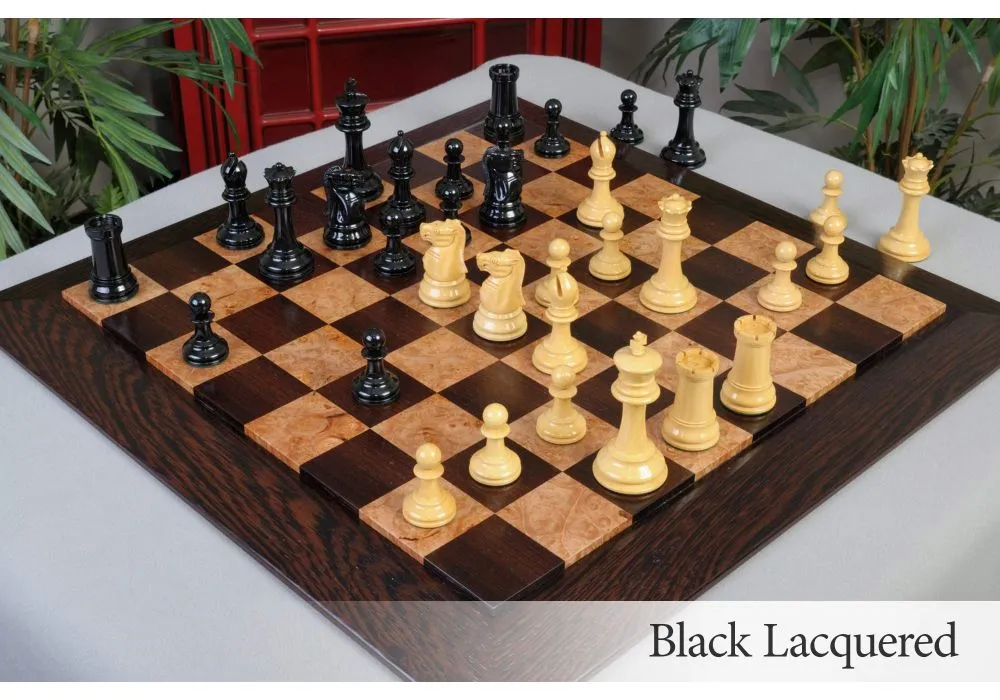 New Exclusive Staunton Chess Set Ebony & Boxwood Pieces with Black & Ash  Burl Chess Board & Box - 3 King - The Chess Store